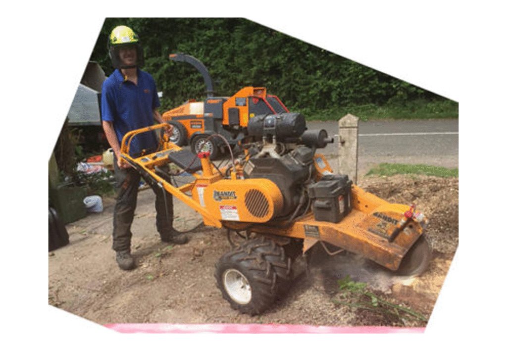 Harbour Tree Care arborist carrying out professional stump grinding and removal in Leicestershire garden