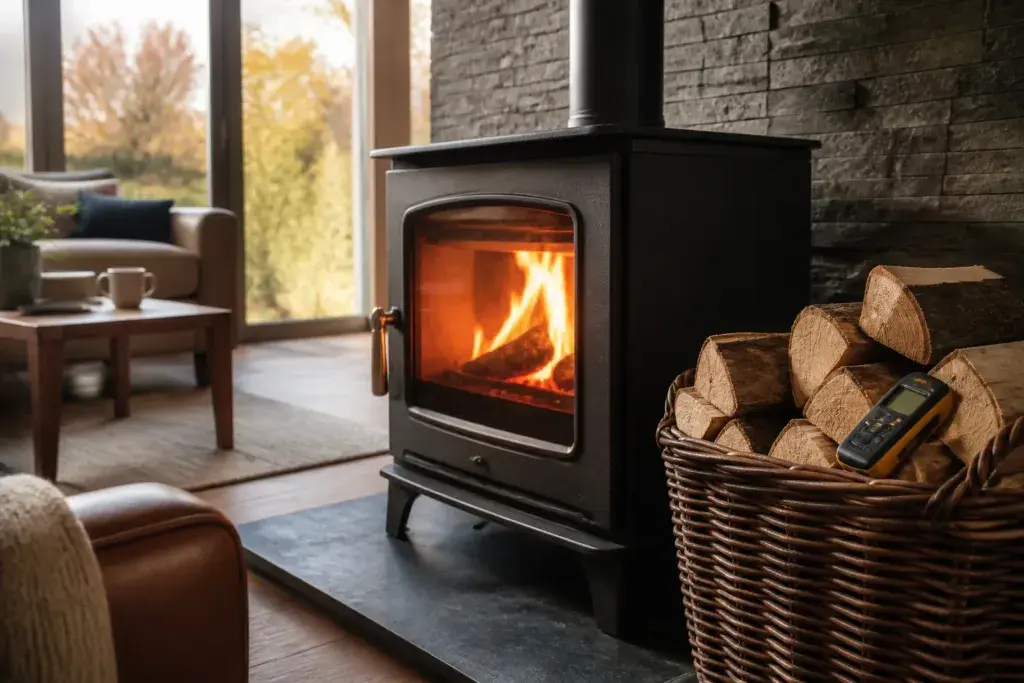 Wood burner with a clean fire, a basket of seasoned logs and a moisture meter on the hearth, no wood burner ban in place